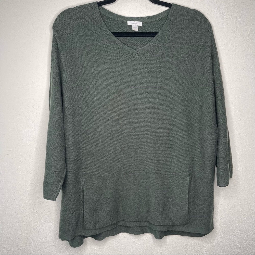 PURE JILL WOMENS XSMALL SILK WOOL BLEND VNECK 3/4 SLEEVE SWEATER GREEN‎